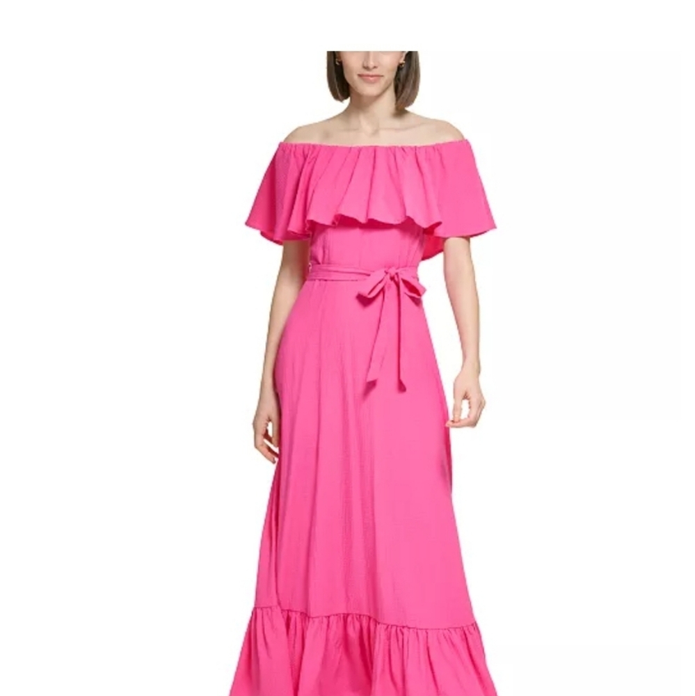 Womens off the shoulder ruffled maxi dress hibiscus pink calvin klein design